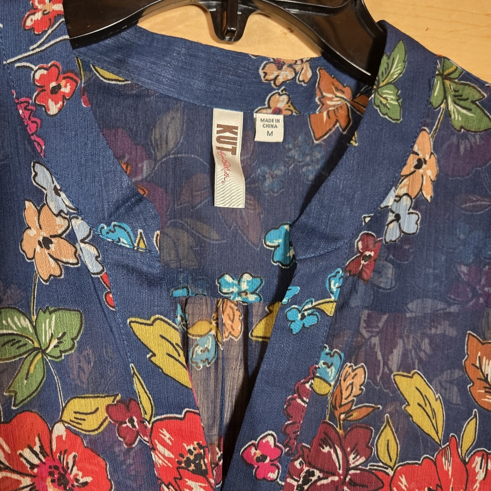 Kut From The Kloth Sinclaire Button Up Sheer Top Floral Navy Medium Western - Picture 7 of 8